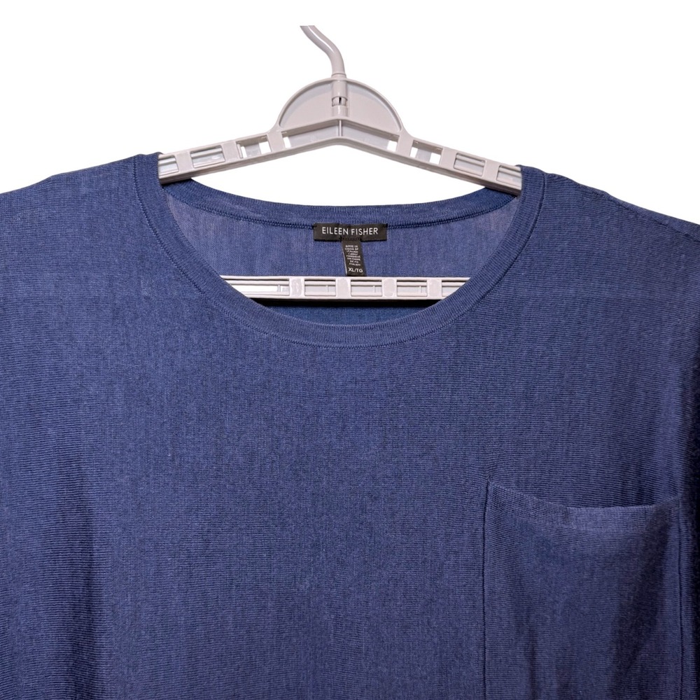 Eileen Fisher Womens XL Blue 100% Merino Wool Italian Yarn Boxy Pocket Top F17JM - Picture 2 of 5